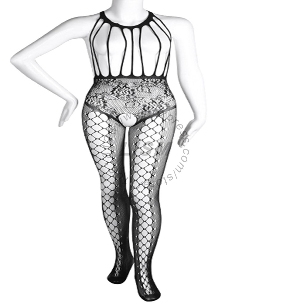 Bodystocking Fishnet - LISM 섹시한 홀터넥 컷아웃 오픈 버스트